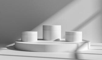 AI generated Mockup of white round podium for product presentation with shadows on the wall photo