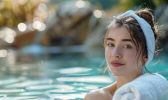 ai generado retrato de joven hermosa mujer relajante en nadando piscina a spa recurso foto