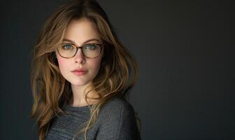 AI generated Portrait of a beautiful girl with glasses on a dark background. photo