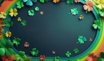 AI generated St. Patrick's Day background with clover leaves. Space for text. Card template. photo