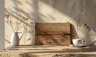 AI generated Wooden table top view with natural light and shadow from the window photo