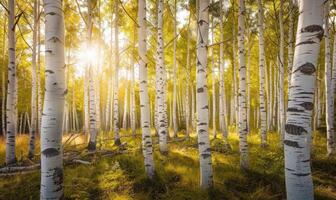 ai generado abedul bosque en luz de sol en el mañana, suave enfocar. foto