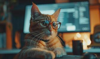 AI generated Cute ginger cat wearing eyeglasses and sitting in front of computer monitor. photo