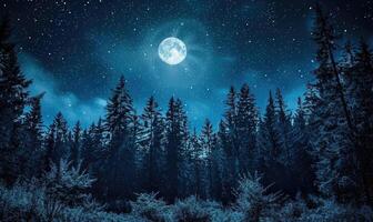 AI generated Mysterious dark forest with stars in the sky. Night forest with full moon and stars in the sky. photo