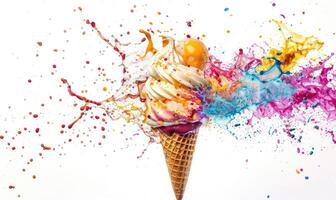 AI generated Ice cream cone explosion on white background photo