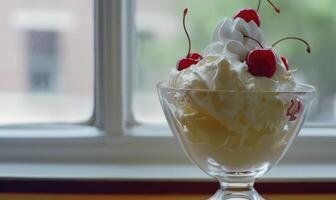 AI generated Sundae topped with cherries and whipped cream, closeup view, selective focus photo