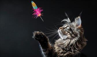 AI generated Maine Coon cat playfully batting at a feather toy in a studio setup photo