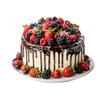 AI generated Decadent chocolate ganache dripped cake adorned with assorted fresh berries, isolated on a transparent background, ideal imagery for dessert menus and celebration themes png