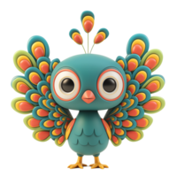 AI generated Colorful cartoon peacock with vibrant tail feathers isolated on a transparent background, suitable for childrens book illustrations and educational materials png