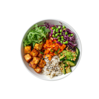 AI generated Healthy vegan poke bowl with tofu, avocado, rice, carrot, cucumber, red cabbage, and edamame isolated on a transparent background, suitable for clean eating and nutrition concepts png