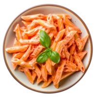 ai generiert Teller von cremig Penne Pasta mit Tomate Soße und Basilikum Blatt Garnierung, isoliert auf ein transparent Hintergrund, Darstellen Italienisch Küche png