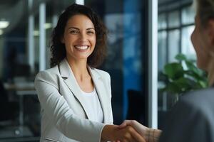 AI Generated Business Woman corporation Shaking Hands With a Man in a Suit in office day light photo