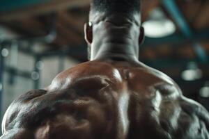 ai generado de cerca de un mans espalda en un gimnasio foto