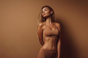 AI Generated A sporty athlete slim woman dressed in a brown outfit poses for a photograph in studio. photo