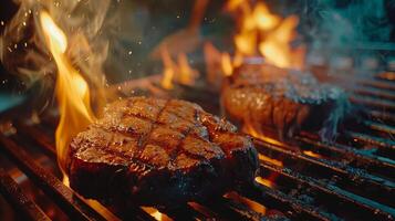 AI Generated Two Steaks Grilling Over Flames photo