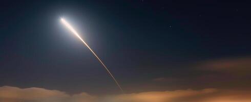 ai generado un misil interceptador dardos a través de el noche cielo, iluminado por el ciudad luces abajo, proteger en contra cabeza armada amenazas foto