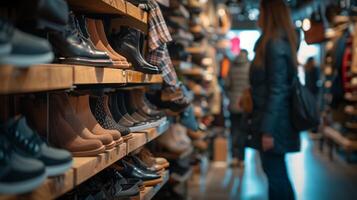 ai generado mujer compras para Zapatos y accesorios en un de moda zapato almacenar, mirando a el el más nuevo estilos y tendencias foto