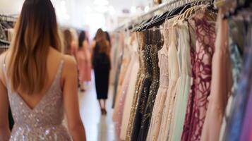 ai generado mujer mirando para elegante vestidos y vestidos en un elegante boutique, con felpa telas y elaborar adornos foto