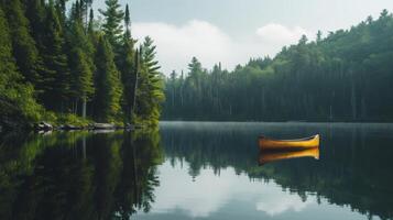 ai generado un pacífico retirada por el lago envuelto por elevado pinos, reflejado en el agua suave superficie con un canoa ociosamente flotante a el orilla foto