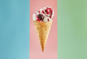 Ice cream cone with strawberry and vanilla ice cream on pastel pink background photo