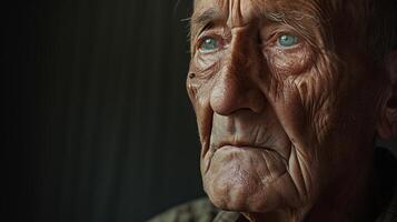 AI generated War memories haunt a survivor, his face shows his weariness, he looks into the distance, a mute witness to conflict damage to the psyche. photo