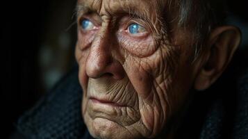 ai generado un guerra superviviente mira lejos lejos, guerra recuerdos tallado en su cansado rostro, un tranquilo vigilante de cómo conflicto duele el mente. foto