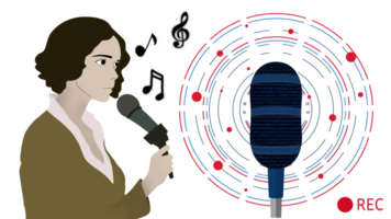 Fachmann Mikrofon im Radio Bahnhof Studio auf Luft, Mikrofon, glücklich weiblich Radio Gastgeber Rundfunk- im Studio, glücklich jung Frau Aufzeichnung ein Podcast mit Kopfhörer und Mikrofon zum Leben Streaming png