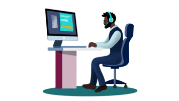 Operators are working to contact customers online and by telephone, A programmer is working on the next big thing, Working from home, Support service, the operator with headphones and microphone png