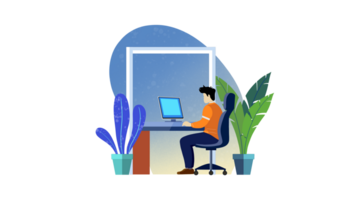 Man working from home, Animation Scene of Home Office With Employee Working On Desktop Computer, boy works remotely with laptop, freelancer in the office working online, man working from home png