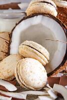 Coco macarons con chocolate y Coco copos en un mesa con un Coco en el antecedentes foto