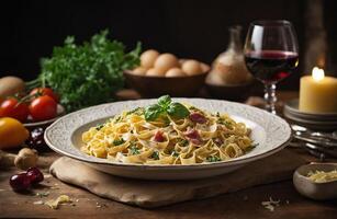 ai generado pasta con carne, vegetales y vino foto