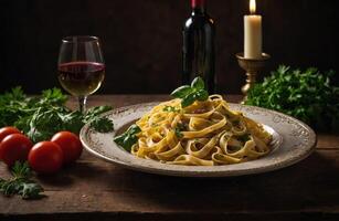 ai generado pasta con carne, vegetales y vino foto