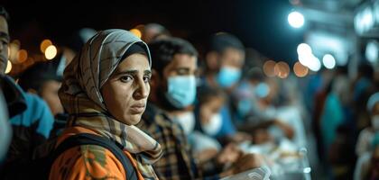 AI generated War and Relief Volunteers at a busy food center serve endless lines of refugees, offering sustenance and hope amidst famine. photo