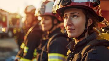 AI generated Firefighter Team Training Firefighters practice together at their station, ready with gear, embodying courage and readiness. photo