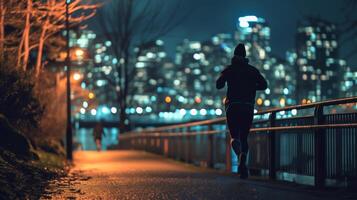 ai generado un determinado persona que practica jogging corriendo mediante un ocupado ciudad, el noche luces espumoso lejos lejos como ellos cara el prueba de noche aptitud capacitación. foto