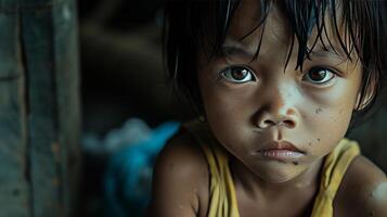 AI generated Boy empty look towards a far-off place, dreaming of simple meals, reflecting the harsh reality of war on the young. photo