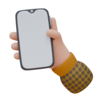 3D illustration of a hand holding a smartphone in vertical with empty screen. Technology concept. Icon design for web or app. png