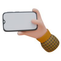 3D illustration of a hand holding a smartphone in horizontal with empty screen. Technology concept. Icon design for web or app. png