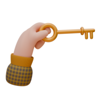 3d ilustração do uma mão segurando uma dourado chave. habitação conceito. ícone Projeto para rede ou aplicativo. png