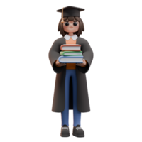 3d render of student girl standing and holding a stack of books. Girl in graduation clothes. Study concept. Design for web or app illustration png