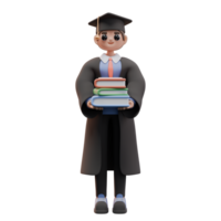 3d render of student boy standing and holding a stack of books. Boy in graduation clothes. Study concept. Design for web or app illustration png