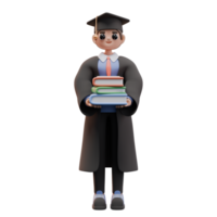 3d render of student boy standing and holding a stack of books. Boy in graduation clothes. Study concept. Design for web or app illustration png