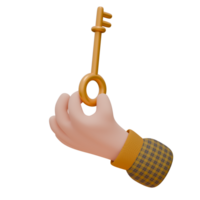 3D illustration of a hand holding a golden key. Habitation concept. Icon design for web or app. png