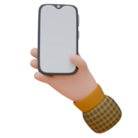 3D illustration of a hand holding a smartphone in vertical with empty screen. Technology concept. Icon design for web or app. png