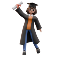 3d render do aluna menina mostrar uma diploma certificado dentro mão. graduação conceito. universidade ou Faculdade estudar. Projeto para rede ou aplicativo ilustração png