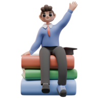 3d render of Student boy sitting on giant stack of books. University or college Study concept. Design for web or app illustration png