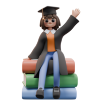 3d render of Student Girl sitting on giant stack of books in graduation clothes. University or college Study concept. Design for web or app illustration png