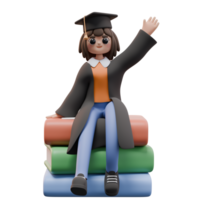 3d geven van leerling meisje zittend Aan reusachtig stack van boeken in diploma uitreiking kleren. Universiteit of college studie concept. ontwerp voor web of app illustratie png