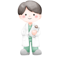 cute male doctor boy holding medical chart watercolor han draw illustration isolated png