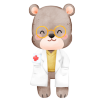 cute teddy bear wearing medical gown, joyful and playful, watercolor illustration hand draw png